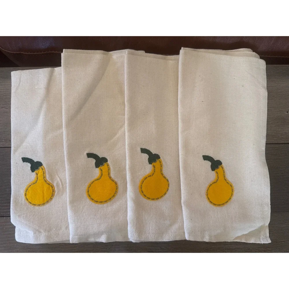 Cotton Napkins Yellow Gourd Applique Off-White Fall Farmhouse Set of 4